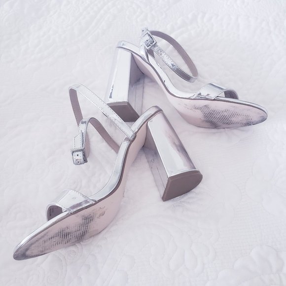 NEW! Luxe Aesthetic Silver ASOS Wedges Block High Heels Stripes 8 London Fashion - Picture 9 of 9